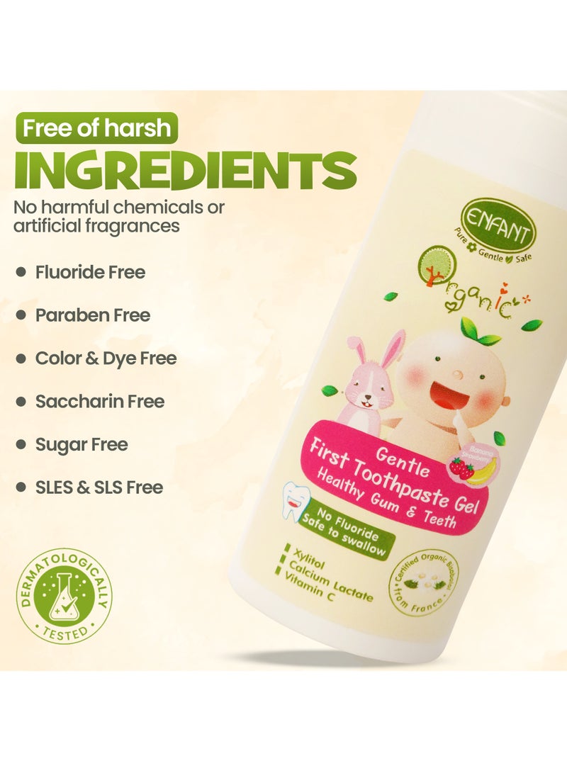 ENFANT Organic Plus Gentle First Toothpaste Gel 6 Month Plus 30ML Gentle First Toothpaste Gel Healthy Gum & Teeth Banana & Strawberry Baby Toothpaste Gel Infant & Toddler Oral Care With Free Silicone Tooth Brush Fluoride Free, Paraben Free, Color & Dye Free, Saccharin Free, Sugar Free, SLES & SLS Free Certified Organic Bisabolol From France - Image 2